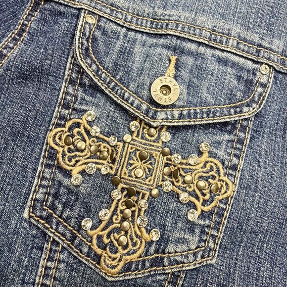 Ethyl Vintage Denim XL Embroidered Rhinestone Cross Jean Jacket - Picture 7 of 8